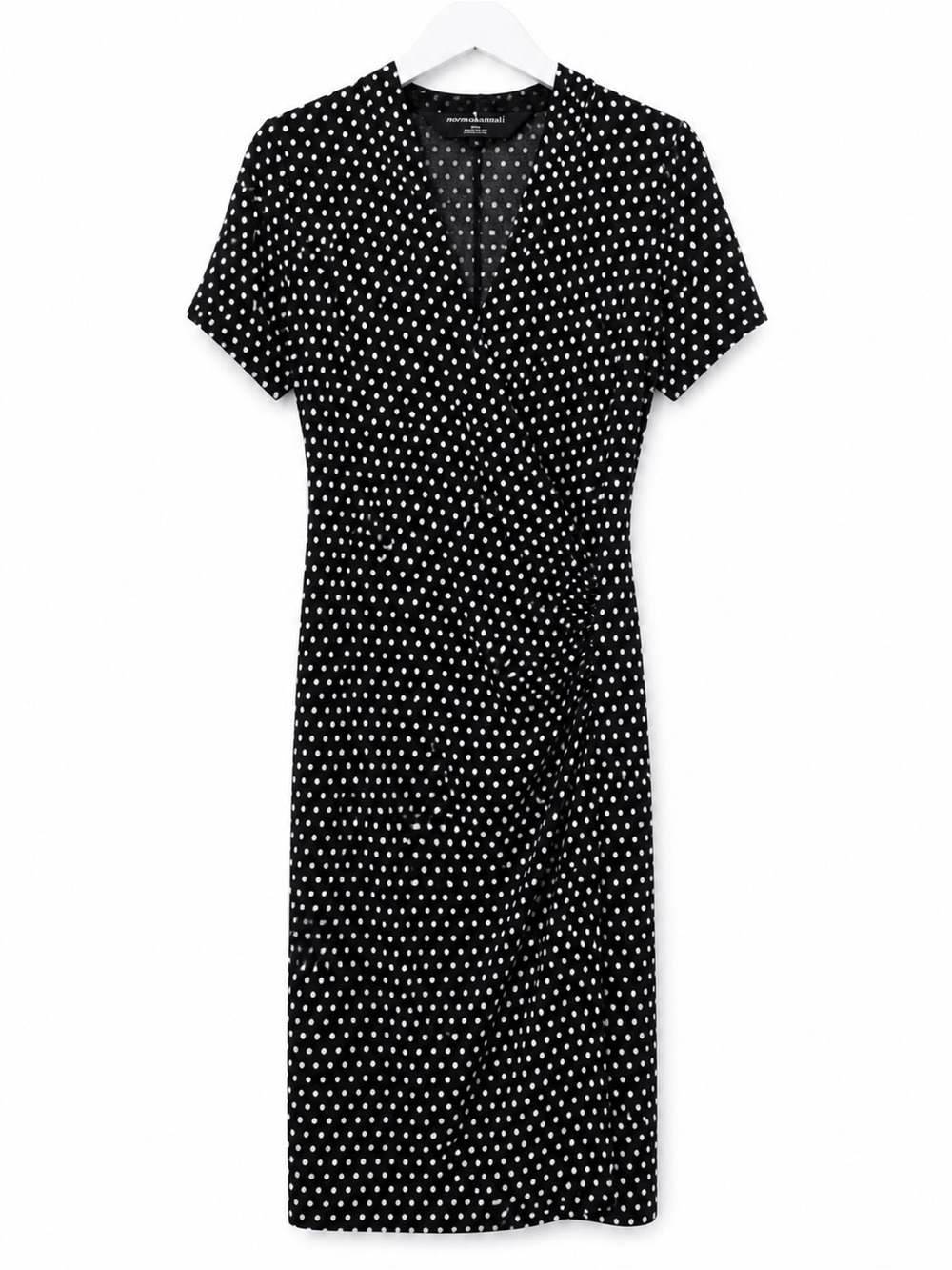 Norma Kamali Black Polka Dot Faux Wrap Dress Short Sleeve Ruched Midi M